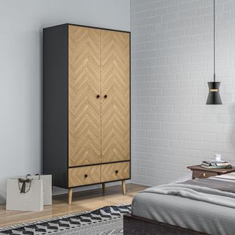 HOMCOM Modern Wardrobe Cabinet with Shelf Hanging Rod & 2 Drawers in Light Brown