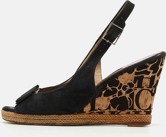 Carolina Herrera Black Suede Bow Cork Wedge Slingback Sandals