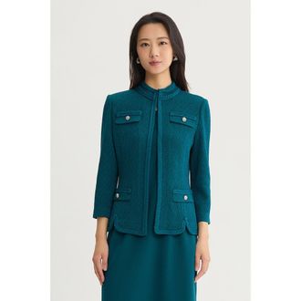 Ming Wang Braided Trim Pointelle Knit Jacket in Deep Teal at Nordstrom, Size 1X