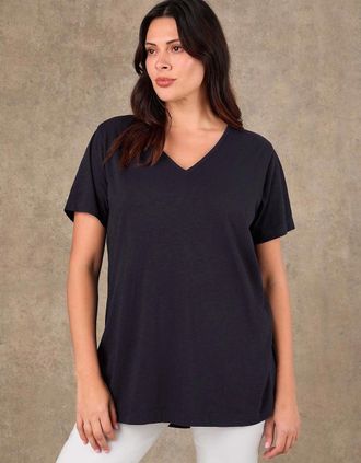 Live Unlimited London Womens Navy Cotton Slub Longline V Neck T-Shirt - Size: 26