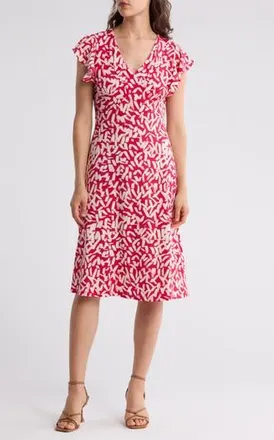 London Times Wrap Style Flutter Sleeve Dress in Rose Red/Cream at Nordstrom Rack, Size 12