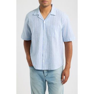 Corridor Stripe Cotton & Linen Camp Shirt in Blu at Nordstrom, Size Xx-Large
