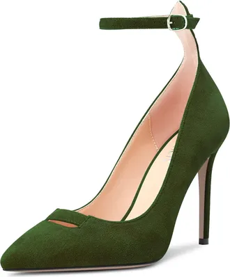 Castamere Women High Stiletto Heel Ankle Strap Pointed Toe Pumps Court Shoe Party Sexy 10 CM Heels Dark Green Suede 7 UK