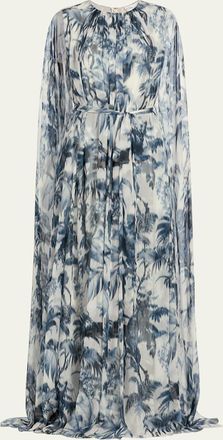 Oscar De La Renta Palm-Print Silk Cape-Sleeve Gown