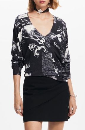 Desigual Kawartha Lakes Print V-Neck Sweater in Black at Nordstrom, Size Xx-Large