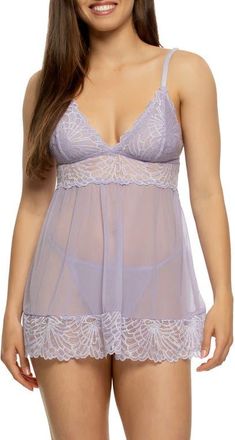 Felina Sarah Lace & Mesh Babydoll Chemise & G-String Set in Lavender at Nordstrom, Size X-Large