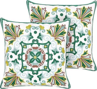 Beliani Beliani - Conjunto De 2 Cojines Decorativos De Algod&oacute;n Bordados Motivo Oriental Verde 45 X 45 Cm Elanite