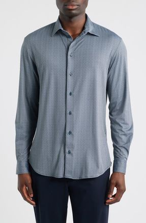 Emporio Armani Microprint Stretch Button-Up Shirt in Teal at Nordstrom, Size Xx-Large