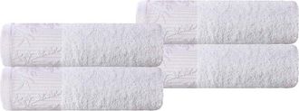 Superior Set Of 4 Wisteria Cotton Hand Towels With Floral Bohemian Embroidered Jacquard Border