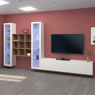 Dmora Dmora - Pared Equipada Dchiorr, Conjunto De Sal&oacute;n Mueble Tv Con 3 Puertas, Mueble Sal&oacute;n Polivalente Con Vitrina Y Luz Led, 100% Made In Italy, Cm 350x