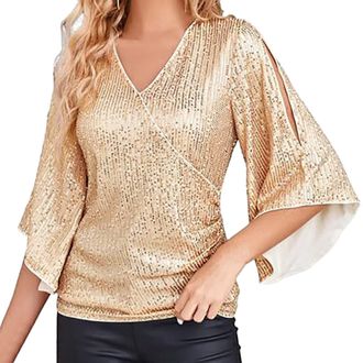 Generic S Blouse Short Womens Sequin Tops 3/4 Sleeve Glitter Sparkling Blouse V-Neck Elegant Tops for Evening Party Blouse Womens Batwing Sleeve, gold, XL