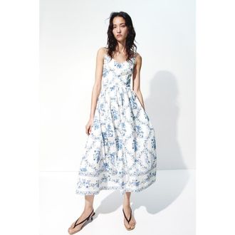 H&M Flared-skirt strappy dress in White/blue Floral at Nordstrom, Size Xx-Large