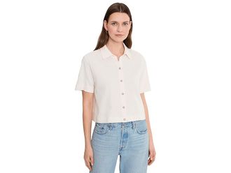 Lilla P Elbow Sleeve Button Down T-Shirts Womens Clothing Ecru : LG, Cotton