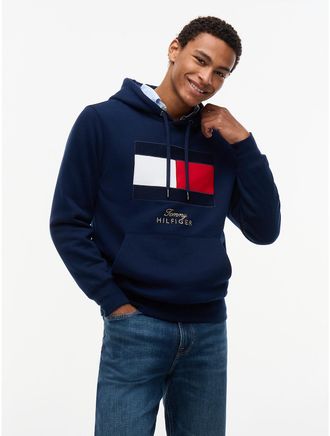 Tommy Hilfiger Mens Embroidered Flag Logo Fleece Hoodie - Carbon Navy - XXL