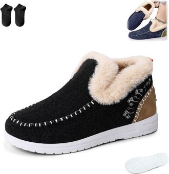 Generic Cozy Fleece Slip-On Boots,Womens Winter Warm Plush Lined Non-Slip Flat Shoes,Indoor Outdoor Casual Fluffy Loafer Boot (Black, Adult, Adult, Women, 7.5