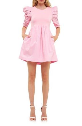 English Factory Ruched Puff Sleeve Cotton Dress in Pink at Nordstrom Rack, Size X-Small