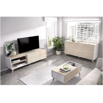 OEM Composici&oacute;n De Sal&oacute;n Con Mueble Tv + Aparador + Mesa De Centro, Blanco Y Natural - Ness 6 - Blanco Y Natural