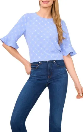 CeCe by Cynthia Steffe Floral Embroidered Ruffle Cuff Top in Blue Spritz at Nordstrom, Size X-Small