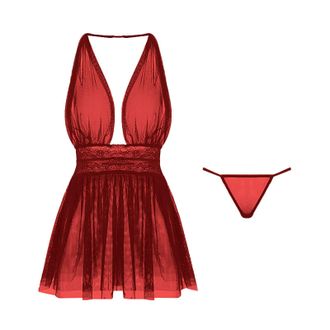Generic Women Underwear Sexy Deep V Neck Large Pajama Mesh Sling Pyjama Dress Home Suit Set Lingerie Set Satin, red, One size