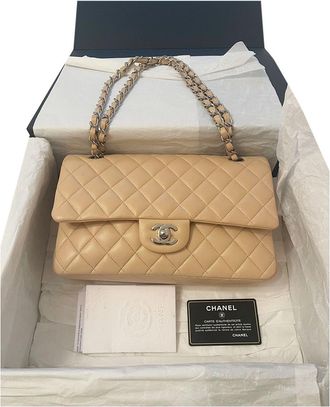 Chanel Beige Quilted Leather Double Flap Bag Size M