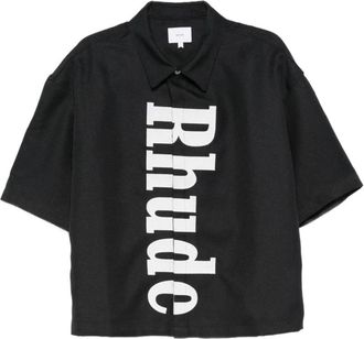 Rhude Zwarte Logo Print Knoopshirt - Heren - Korte mouwen Overhemden - Zwart - S - Polyester - Overhemden