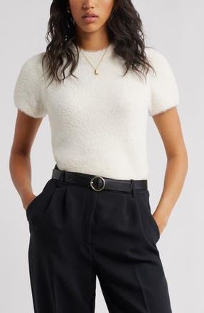 Open Edit Fuzzy Short Sleeve Sweater in White Whisper at Nordstrom Rack, Size Medium