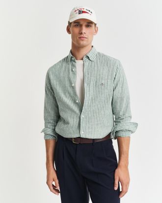 GANT Langarmhemd GANT REG COTTON LINEN STRIPE SHIRT, Herren, Gr. 4XL, N-Gr, gr&uuml;n (woody gr&uuml;n), Web, Obermaterial: 55% Leinen, 45% Baumwolle, regular fit, M