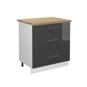 Vicco Mueble Bajo De Cocina Fame-line, Antracita Alto Brillo, 80 Cm Con 3 Cajones, Et Roble