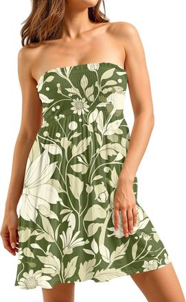 Generic Chic Ladies Summer Dress Off The Shoulder Dresses UK Beach Sundress Print Elasticated Bust Bandeau Plain Sleeveless Mini Dress Boob Tube Pleated Short