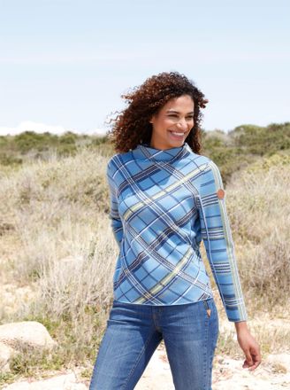 Casual Looks Stehkragenpullover CASUAL LOOKS Pullover, Damen, Gr. 40, blau (mittelblau, schilf, gemustert), 50% Baumwolle, 50% Polyacryl, gemustert, kariert, mehrf