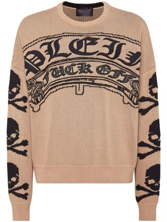 Philipp Plein logo-embroidered crew-neck sweater - men - Cotton - M - Neutrals