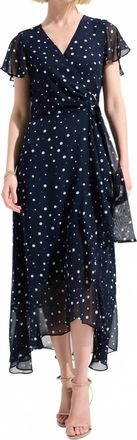 Joseph Ribkoff Printed Chiffon High Low Wrap Dress In Midnight Blue/vanilla