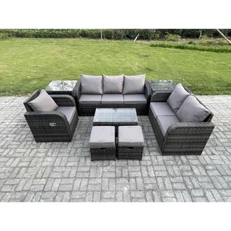 Fimous Outdoor Garden Furniture Sets 8 Pieces Wicker Rattan Furniture Sofa Sets with Rectangular Coffee Table Loveseat Sofa 2 Small Footstools 2 Side Tables