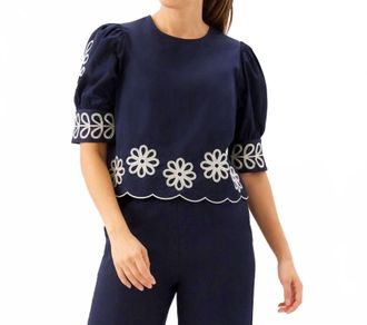 Karen Kane Embroidered Blouson Sleeve Scallop Top In Navy