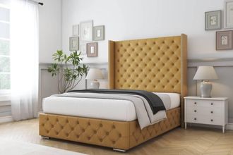 Comfort Beds Emily Plush Bed Frame With Mattress-50 Upholstered Wingback in Mustard | Size: Single
