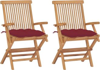 vidaXL Vidaxl - Sillas De Jard&iacute;n 2 Uds Madera Teca Con Cojines Rojo Tinto