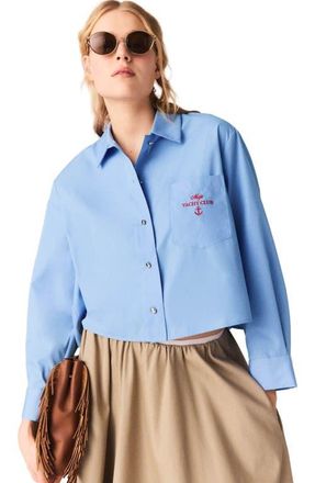 Maje Pleated back embroidered shirt in Blue at Nordstrom, Size X-Small
