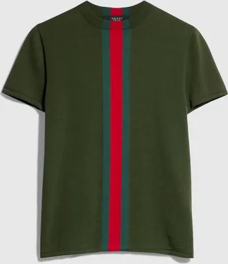 Gucci Knit Cotton T-shirt With Web Intarsia, Size XS, Green