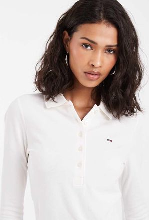 Tommy Jeans Polo slim fit a maniche lunghe bianca con logo della bandiera-Bianco