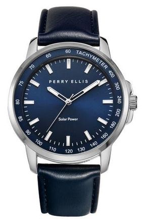 Perry Ellis Solar Leather Strap Watch, 41mm in Silver at Nordstrom Rack