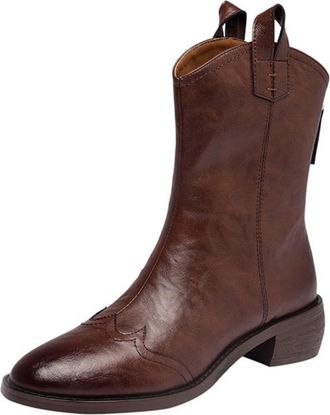 Generic Womens Retro Pointed Closed Toe PU Leather Mid-Calf Boots Low Chunky Block Heels Side Zipper Pull Tab Soft Lining Cushioned Insole Durable Outsole,Bro