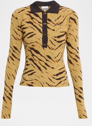 Ganni Fine Merino Jacquard Tiger Polo Sweater