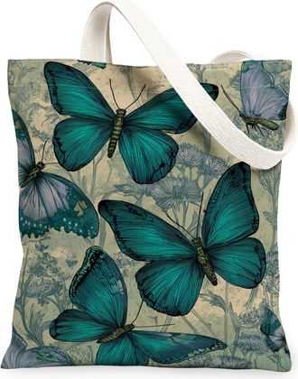 Generic Teal Butterfly Canvas Tote Bags, Vintage Floral Design Reusable Grocery Bags, Lightweight Washable Shoulder Strap Tote for, Teal, 13x15 Inch