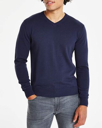 Jacamo Navy V-Neck Cotton Jumper Long