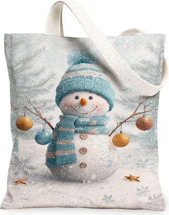 Generic Winter Snow Man Canvas Tote Bags, Festive Snow Man Design Reusable Bags, Holiday Lightweight Washable Shoulder Strap Canvas, Blue, 13x15 Inch