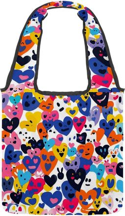 Generic Cute Colorful Hearts Reversible Canvas Shoulder Tote - Double-Sided Print, 12oz Cotton, 27cm Drop, Fold-Flat Bag for Travel, Shopping, Street Outings