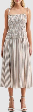 All in Favor Stripe Tie Strap Smocked Cotton Midi Sundress in Brown Ivory at Nordstrom, Size X-Small