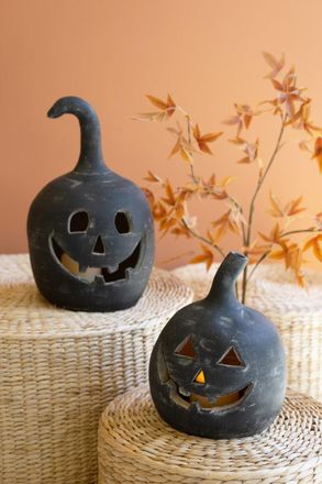 Kalalou Set Of Two Black Clay Jack-O-Lanterns