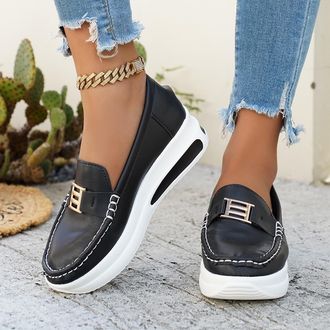 Generic Womens Loafers Comfortable Wedge Shoes Round Toe Thick Sole Stylish Non-Slip Versatile Casual Slip On Walking Shoe Work Office Shopping Black