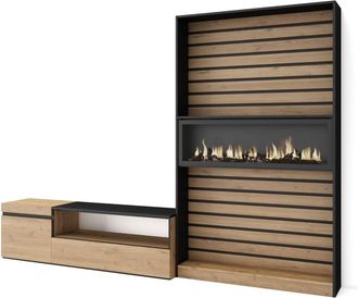 Skraut Home Mueble tv efecto madera roble negro 260x35x186cm chimenea efecto fuego